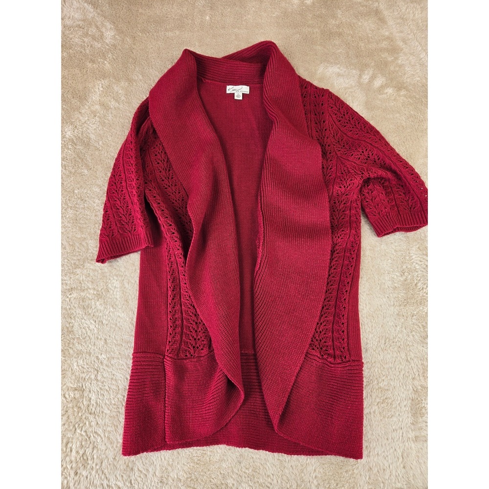 Kim Rogers Womens Red Short Sleeve Shawl Collar Pointelle Knit Cardigan Large